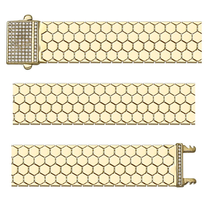 Solid gold honeycomb bracelet, 19.15 g — shown in three rows across the frame.