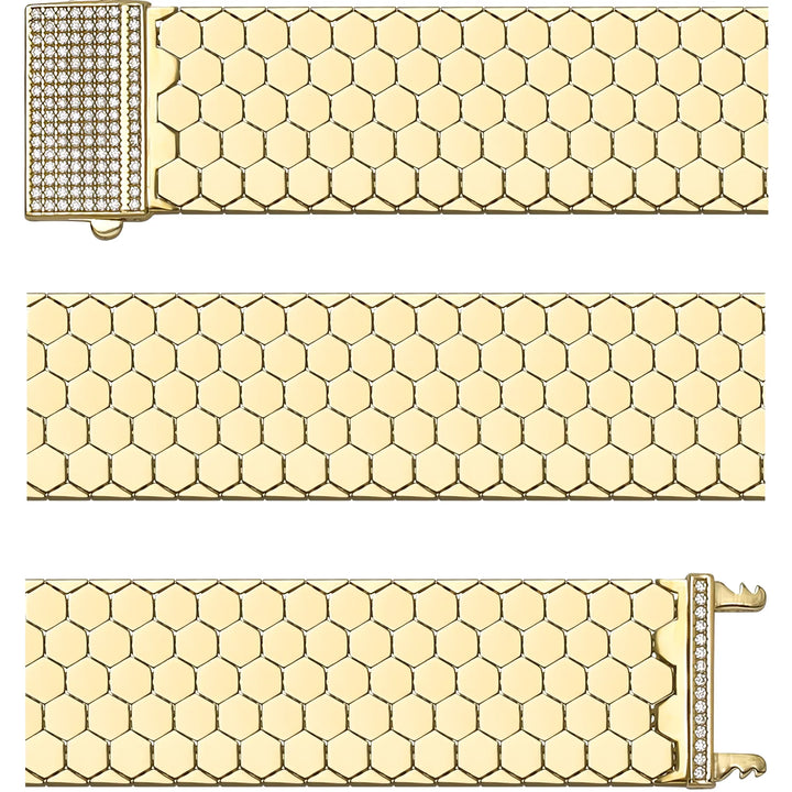 Solid gold honeycomb bracelet, 23.50 g — shown in three rows across the frame.