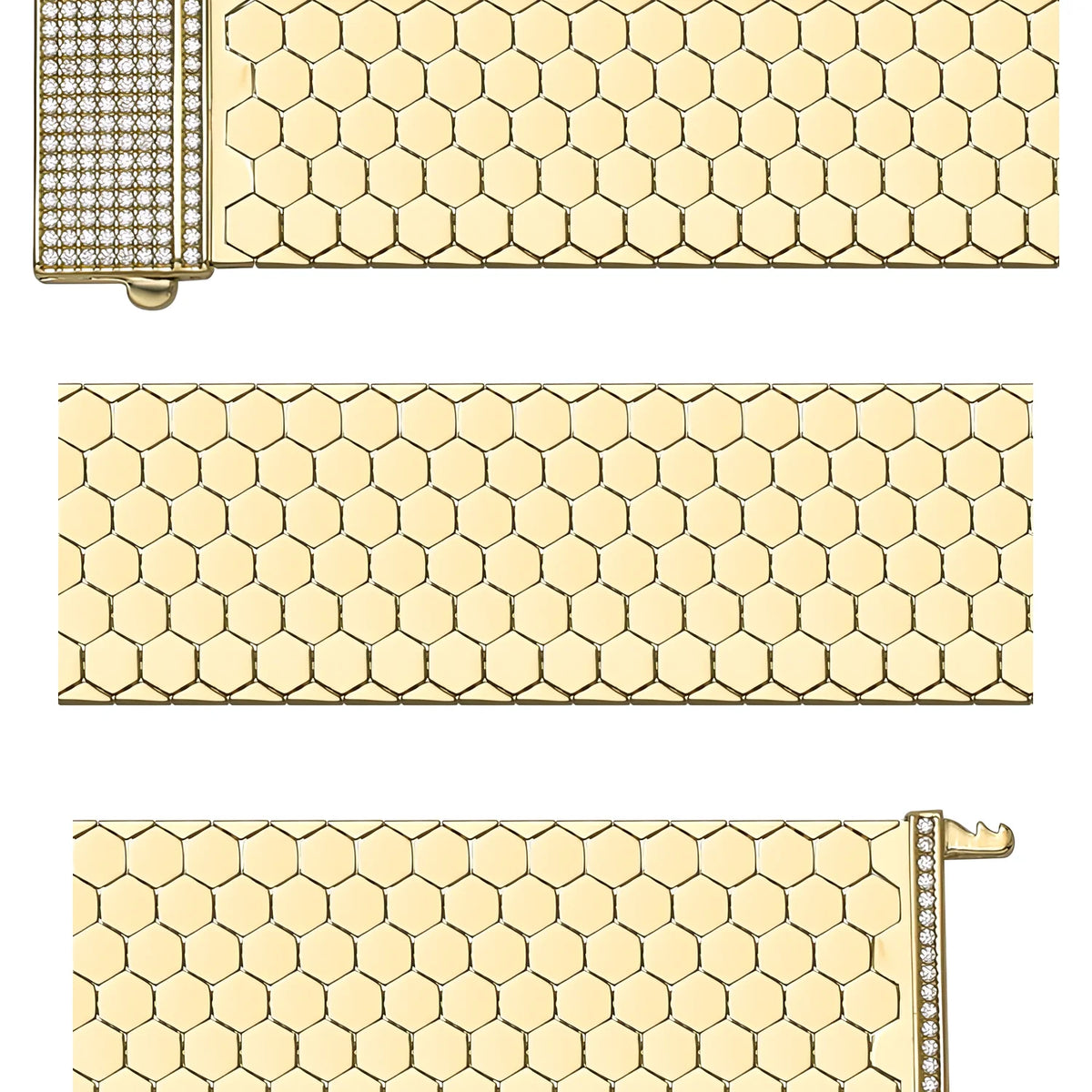 Solid gold honeycomb bracelet, 29.90 g — shown in three rows across the frame.