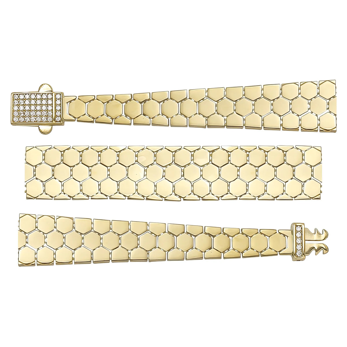 Solid gold honeycomb bracelet, 13.99 g — shown in three rows across the frame.