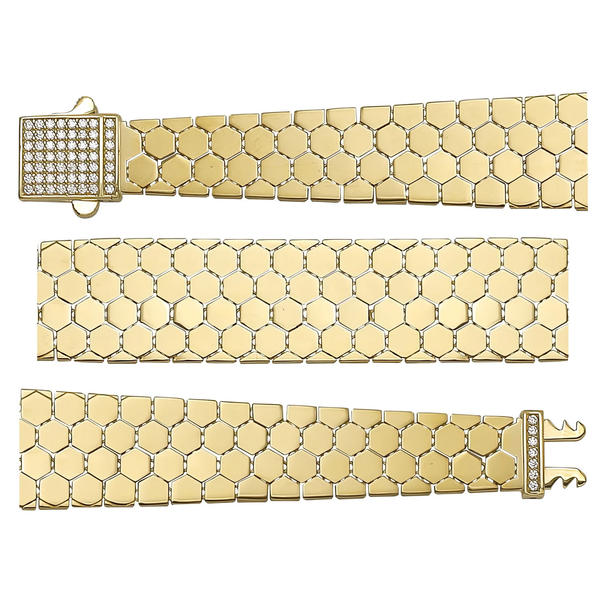 Solid gold honeycomb bracelet, 19.13 g — shown in three rows across the frame.
