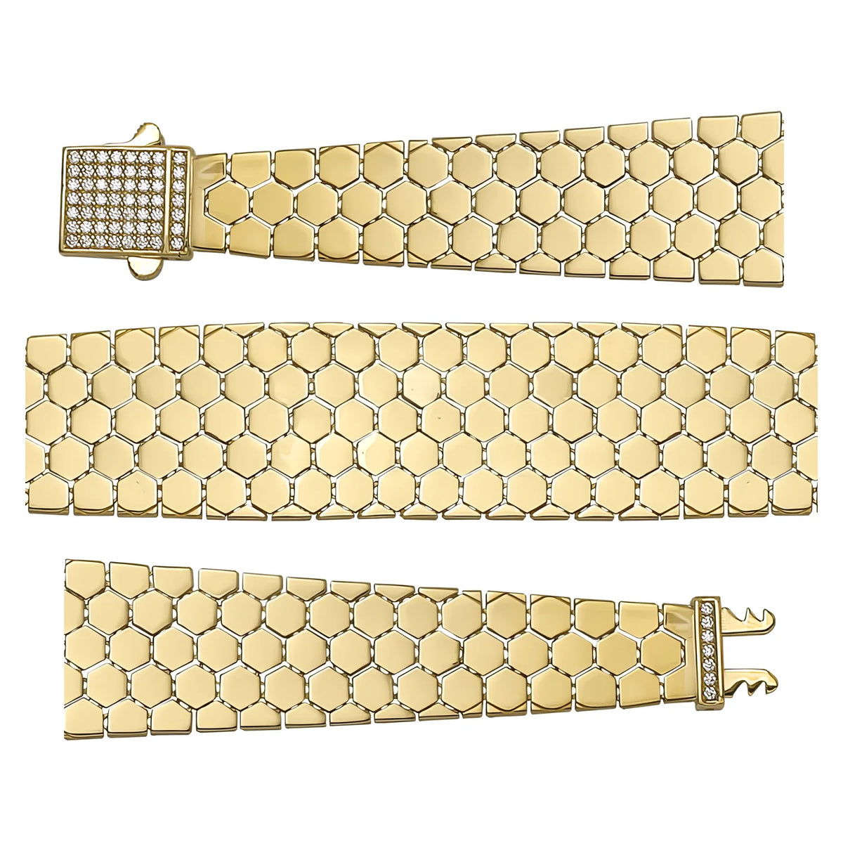 Solid gold honeycomb bracelet, 20.17 g — shown in three rows across the frame.