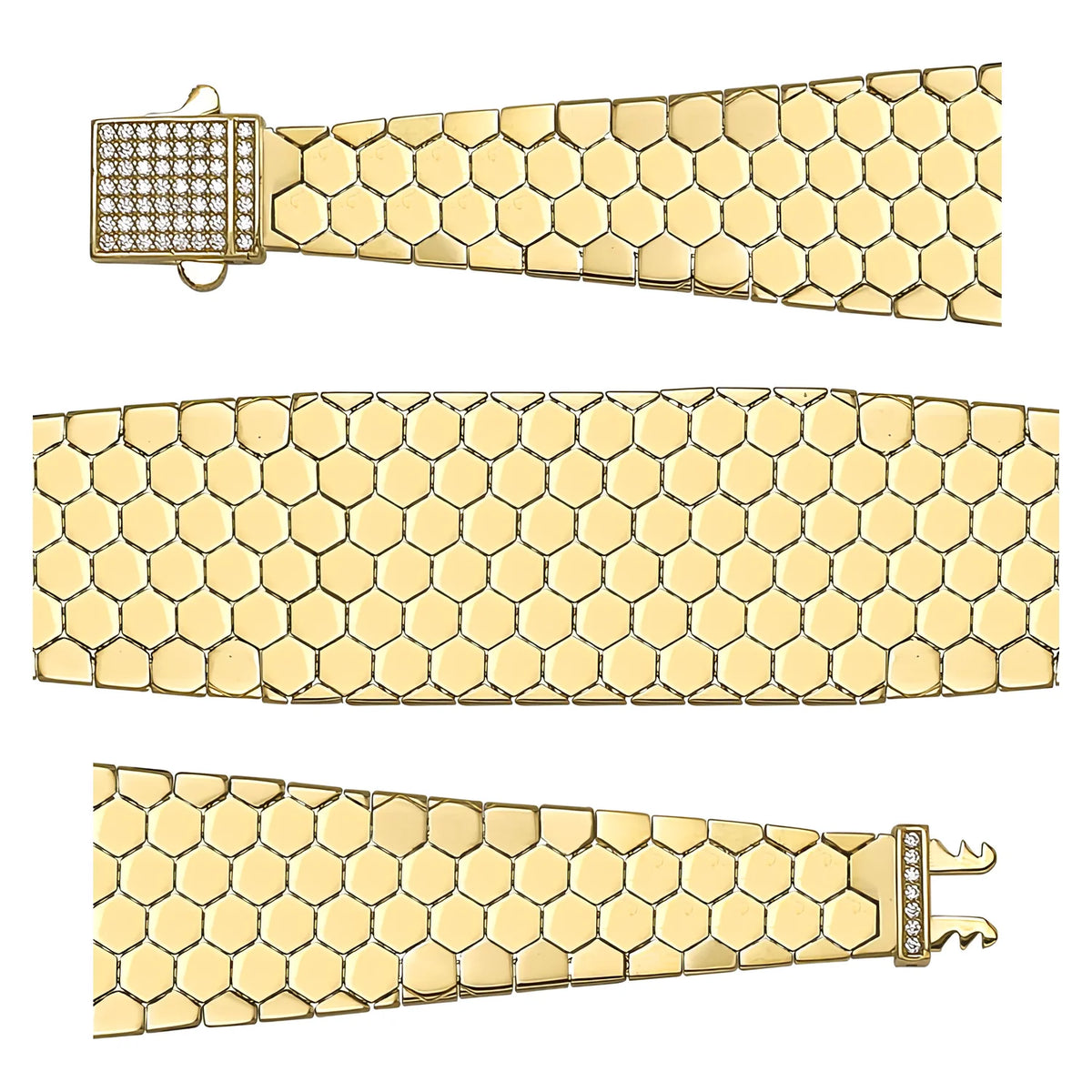 Solid gold honeycomb bracelet, 23.79 g — shown in three rows across the frame.