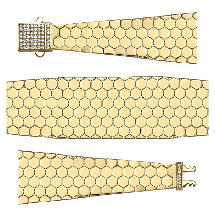 Solid gold honeycomb bracelet, 23.79 g — shown in three rows across the frame.