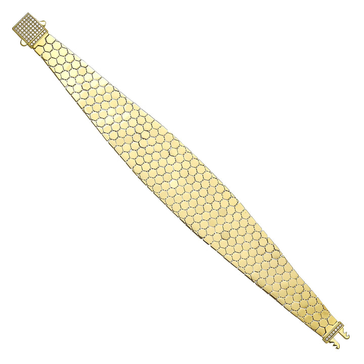 Solid gold honeycomb bracelet, 28.20 g — shown at an angle across the frame.