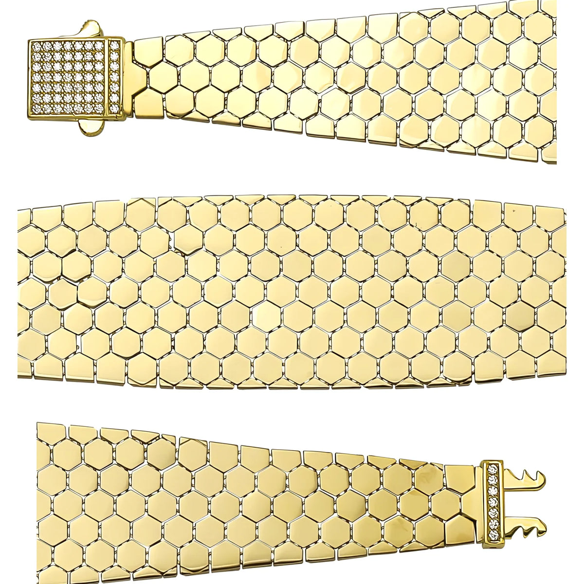 Solid gold honeycomb bracelet, 28.20 g — shown in three rows across the frame.