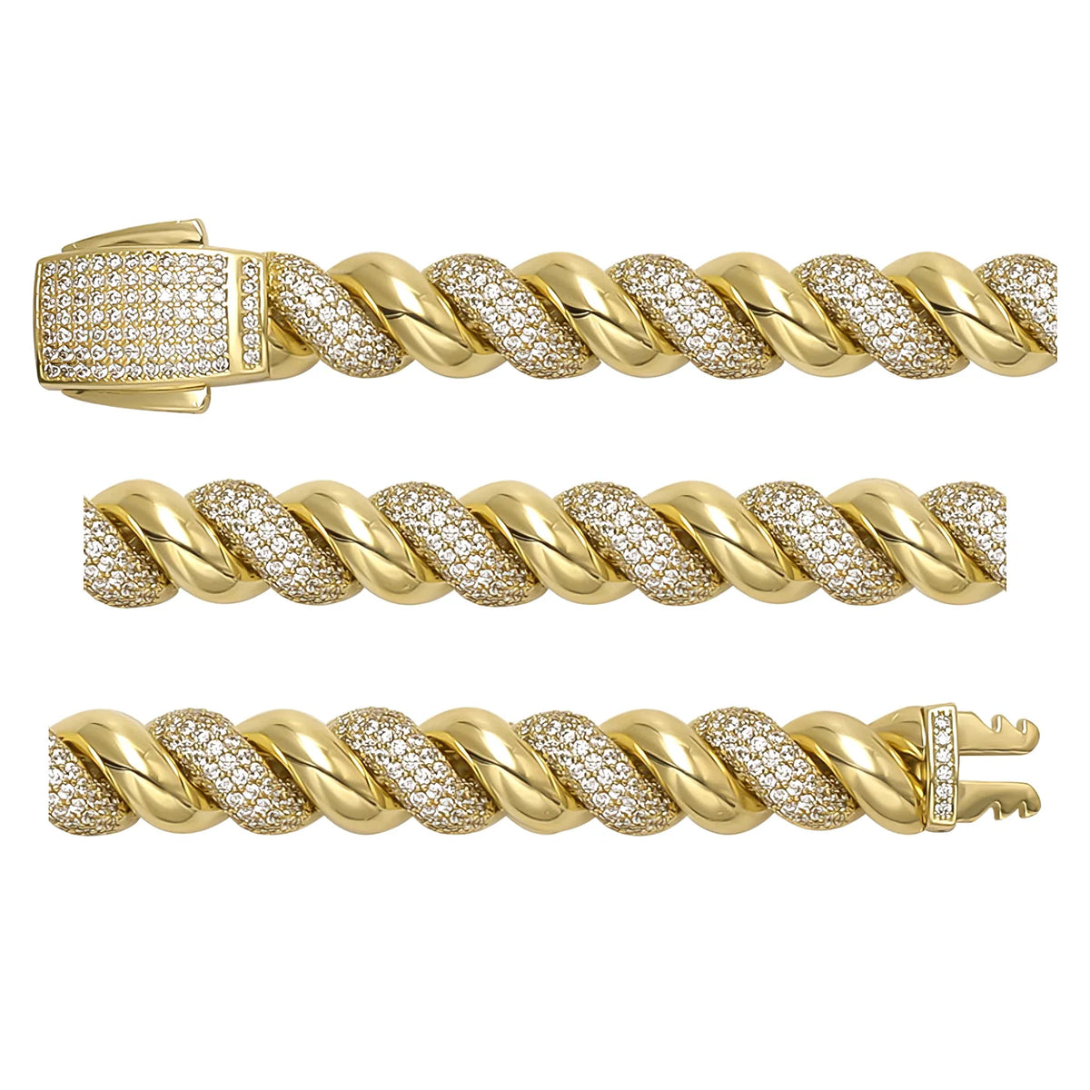 Solid gold curb bracelet, 21.53 g — shown in three rows across the frame.