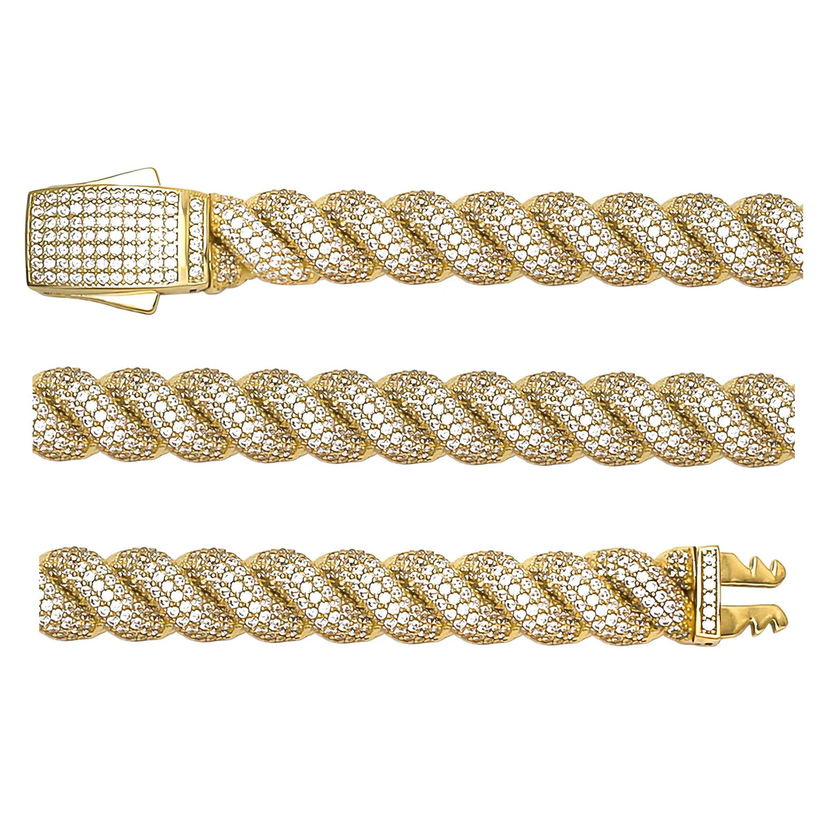 Solid gold curb bracelet, 24.65 g — shown in three rows across the frame.