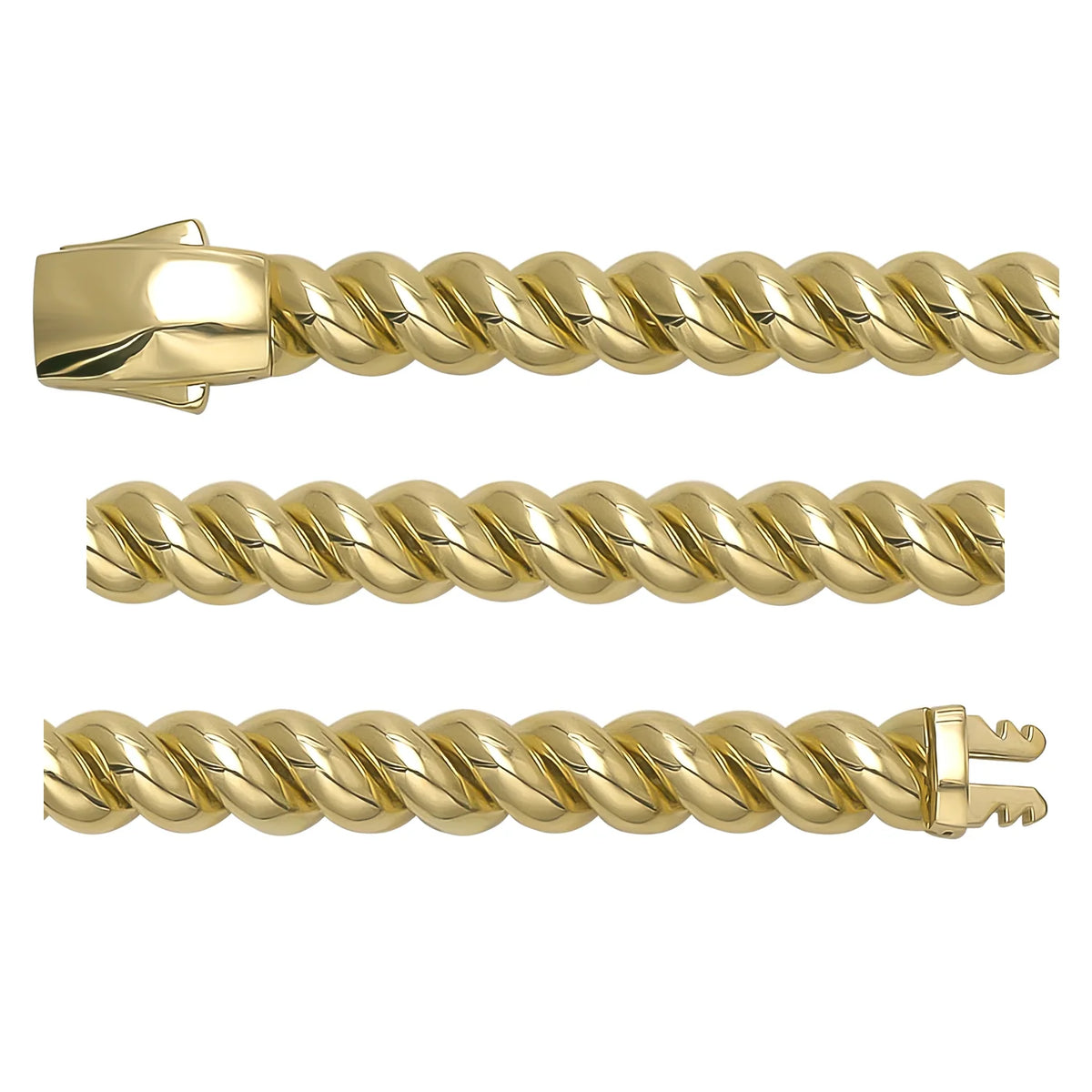 Solid gold curb bracelet, 18.32 g — shown in three rows across the frame.