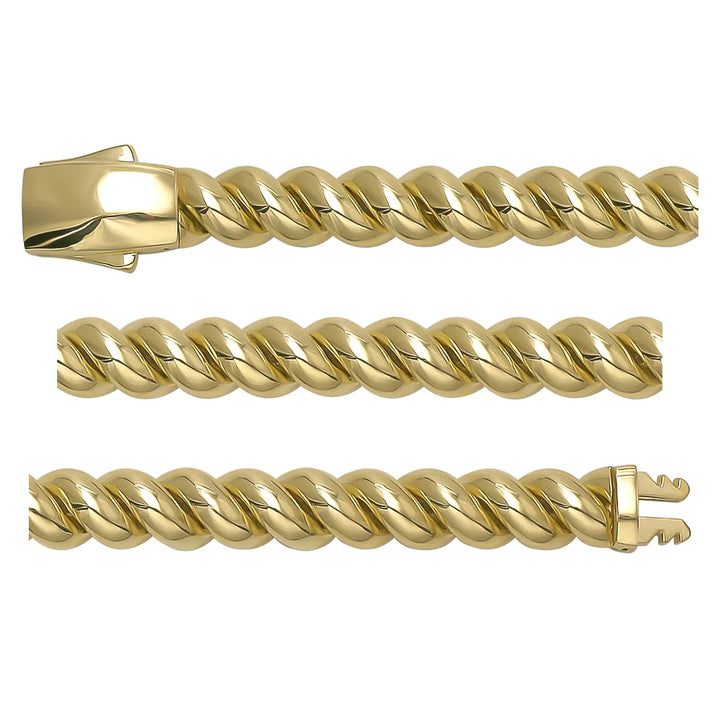 Solid gold curb bracelet, 18.32 g — shown in three rows across the frame.