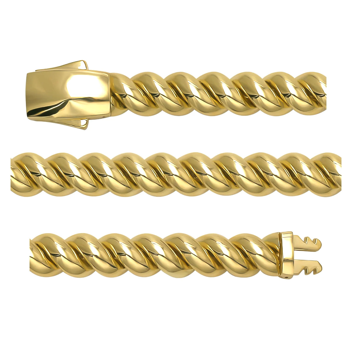 Solid gold curb bracelet, 28.57 g — shown in three rows across the frame.