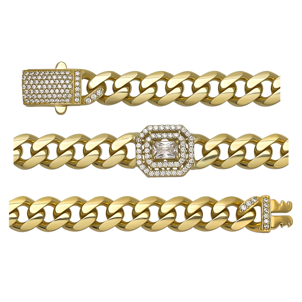 Solid gold curb bracelet, 14.35 g — shown in three rows across the frame.