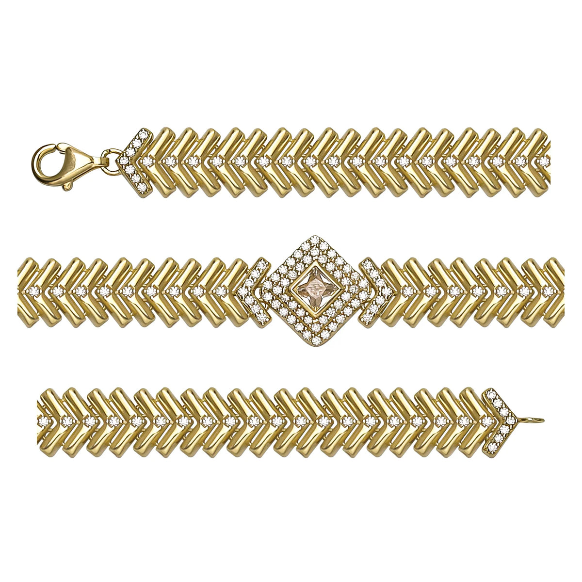 Solid gold herringbone bracelet, 14.88 g — shown in three rows across the frame.
