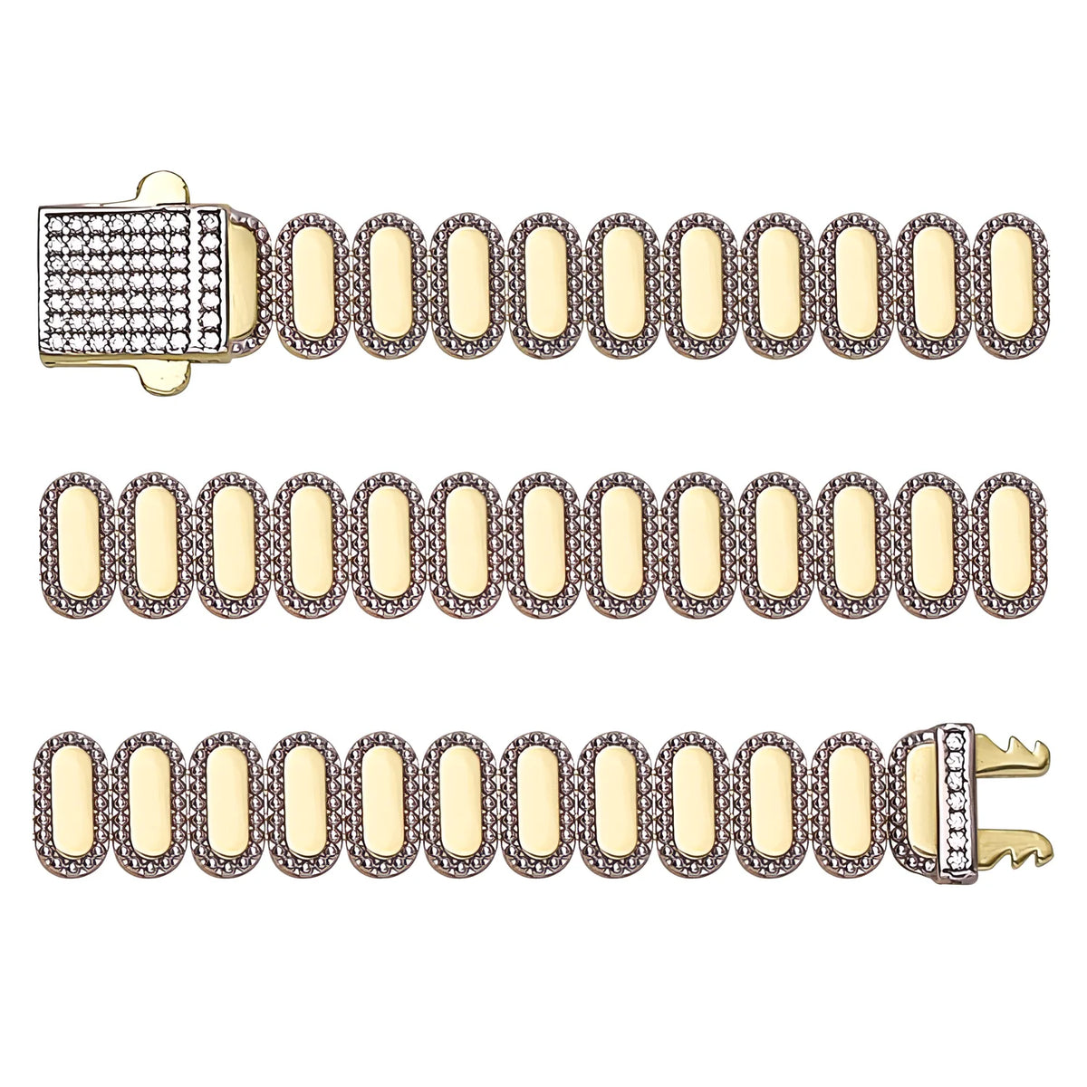 Solid gold fancy link bracelet, 15.95 g — shown in three rows across the frame.