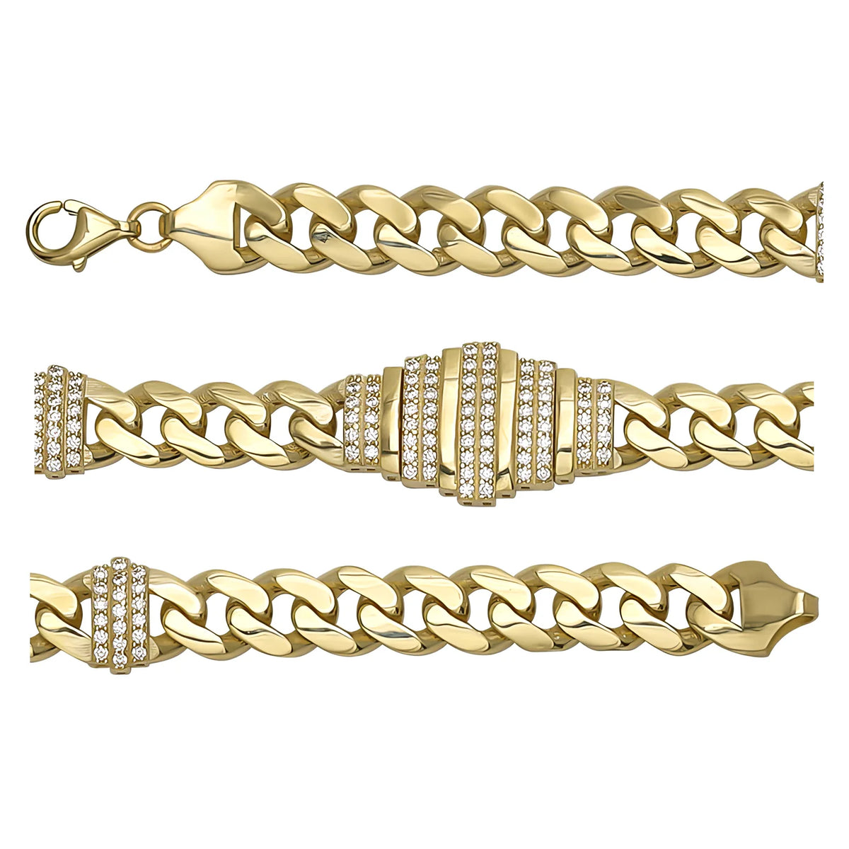 Solid gold curb bracelet, 10.46 g — shown in three rows across the frame.