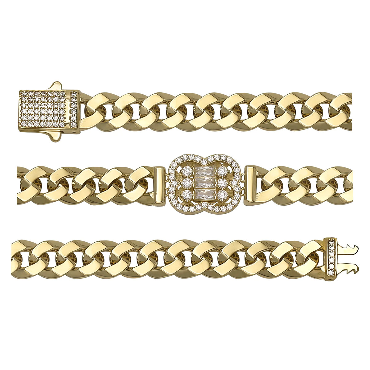 Solid gold curb bracelet, 14.75 g — shown in three rows across the frame.