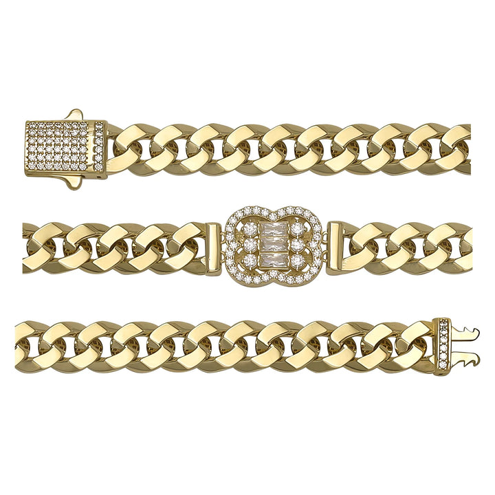 Solid gold curb bracelet, 14.75 g — shown in three rows across the frame.
