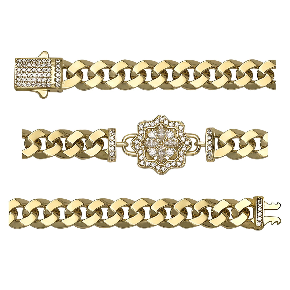 Solid gold curb bracelet, 14.10 g — shown in three rows across the frame.