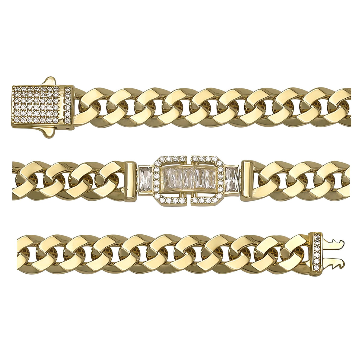 Solid gold curb bracelet, 14.67 g — shown in three rows across the frame.