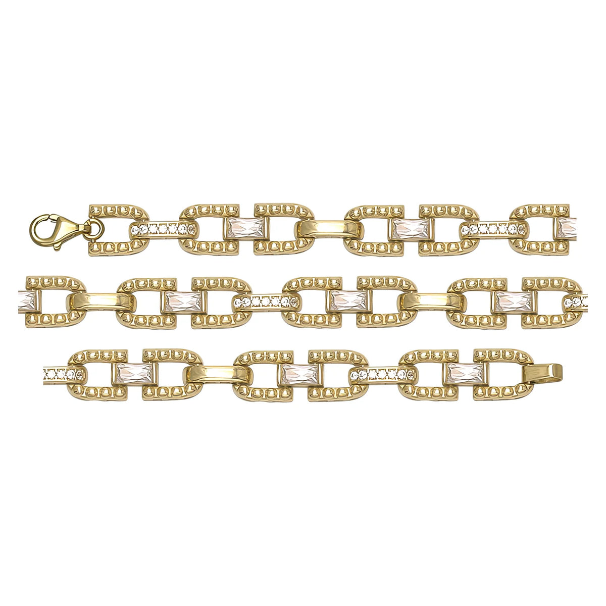 Solid gold fancy link bracelet, 11.37 g — shown in three rows across the frame.