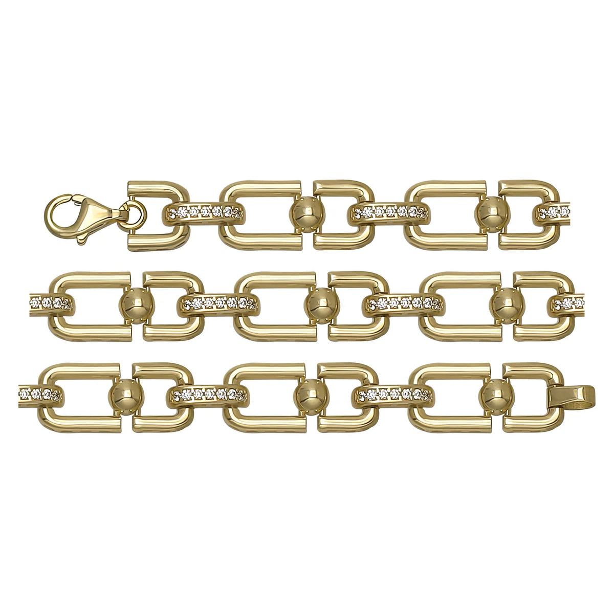 Solid gold fancy link bracelet, 9.85 g — shown in three rows across the frame.