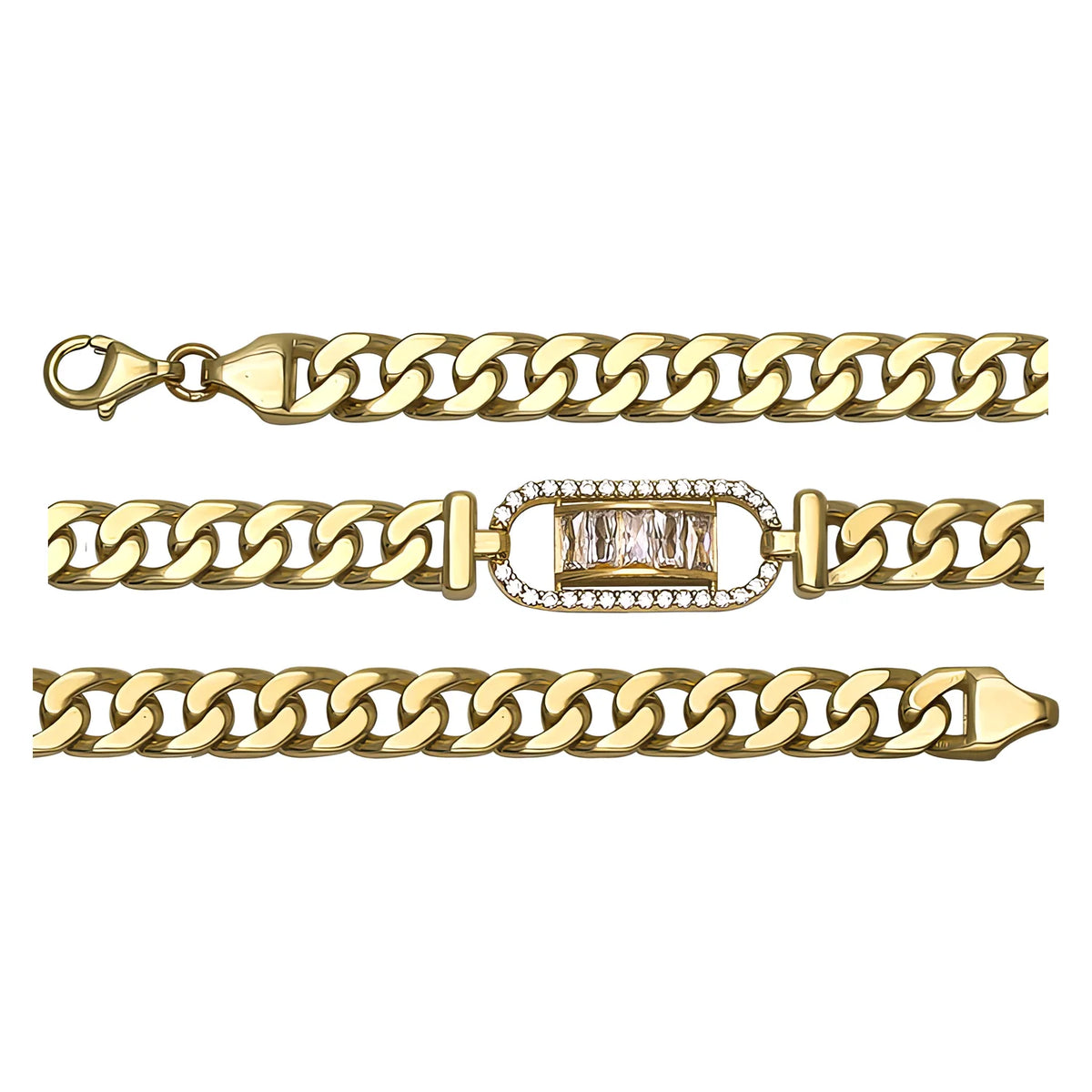 Solid gold curb bracelet, 10.85 g — shown in three rows across the frame.