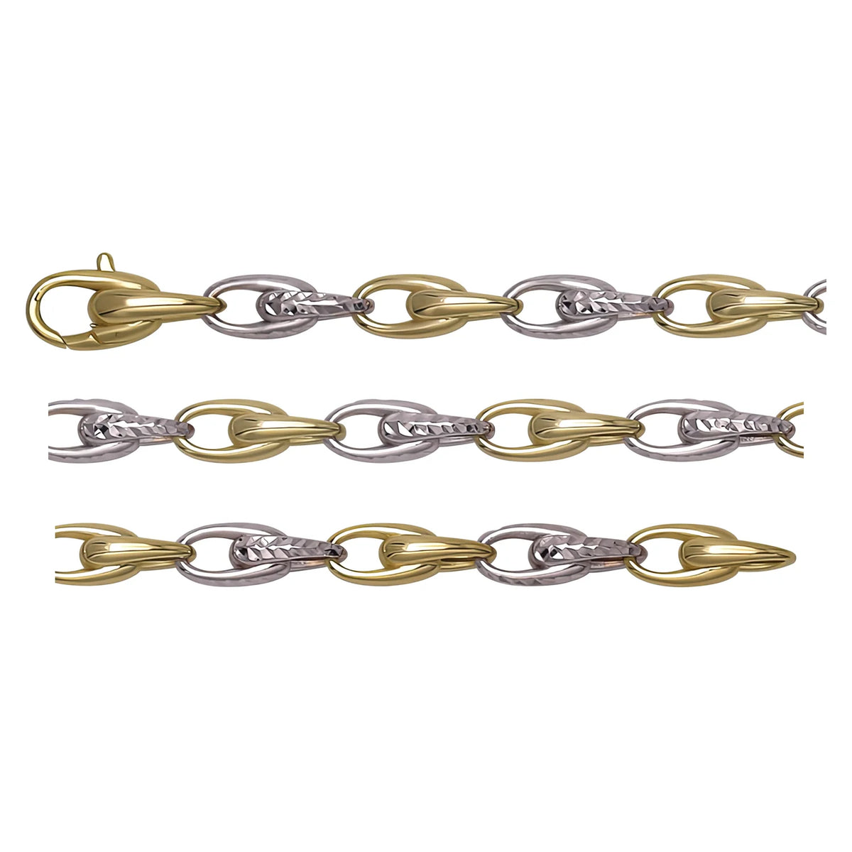 Solid gold fancy link bracelet, 8.95 g — shown in three rows across the frame.