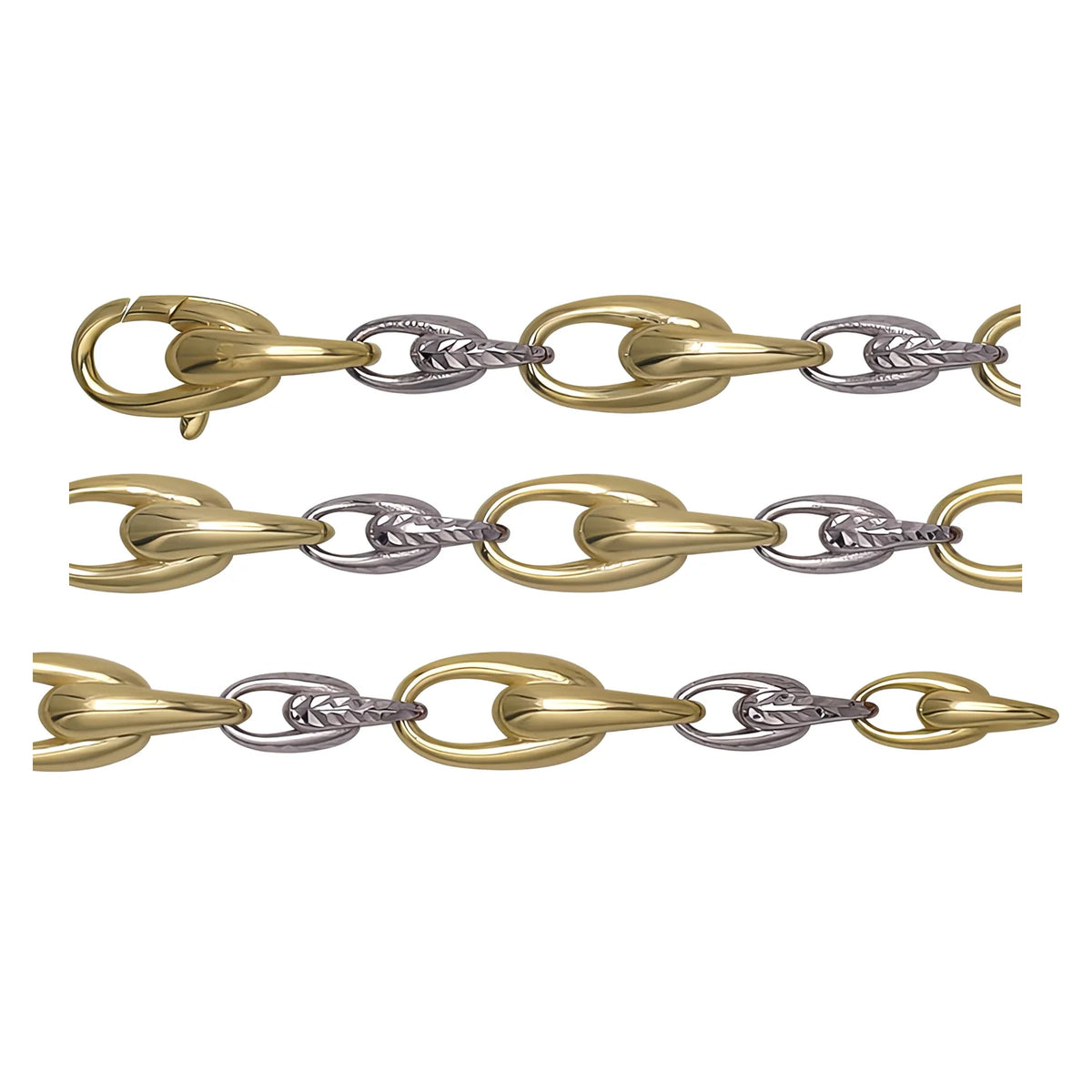 Solid gold fancy link bracelet, 11.76 g — shown in three rows across the frame.