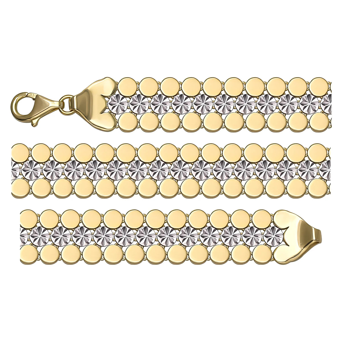 Solid gold fancy link bracelet, 12.06 g — shown in three rows across the frame.