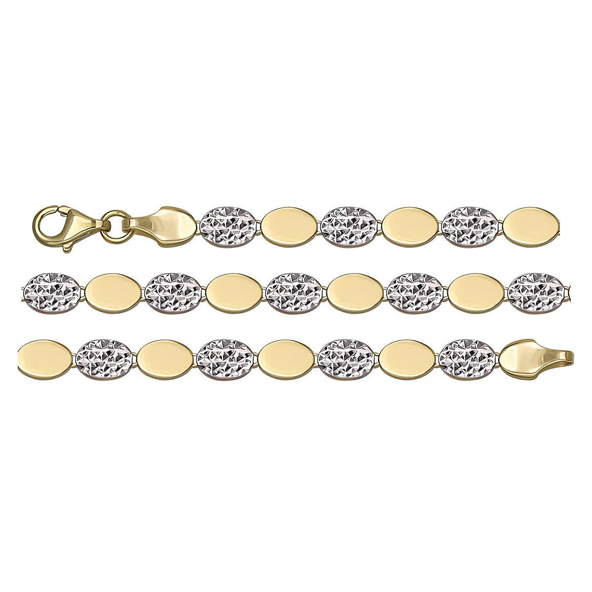 Solid gold fancy link bracelet, 4.90 g — shown in three rows across the frame.
