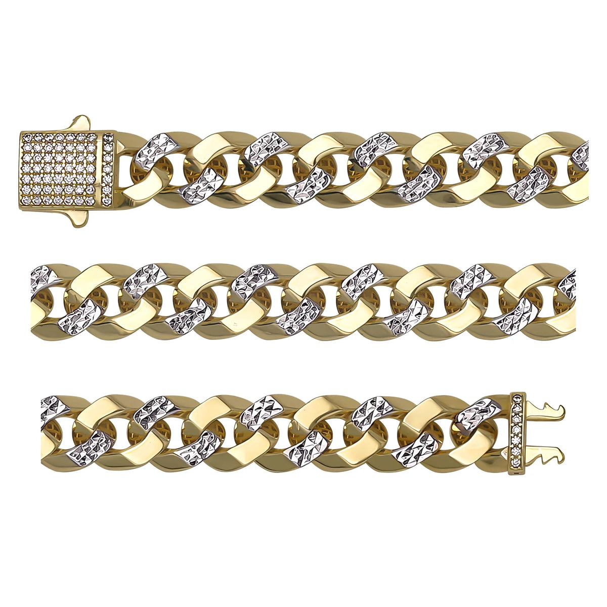 Solid gold curb bracelet, 14.76 g — shown in three rows across the frame.
