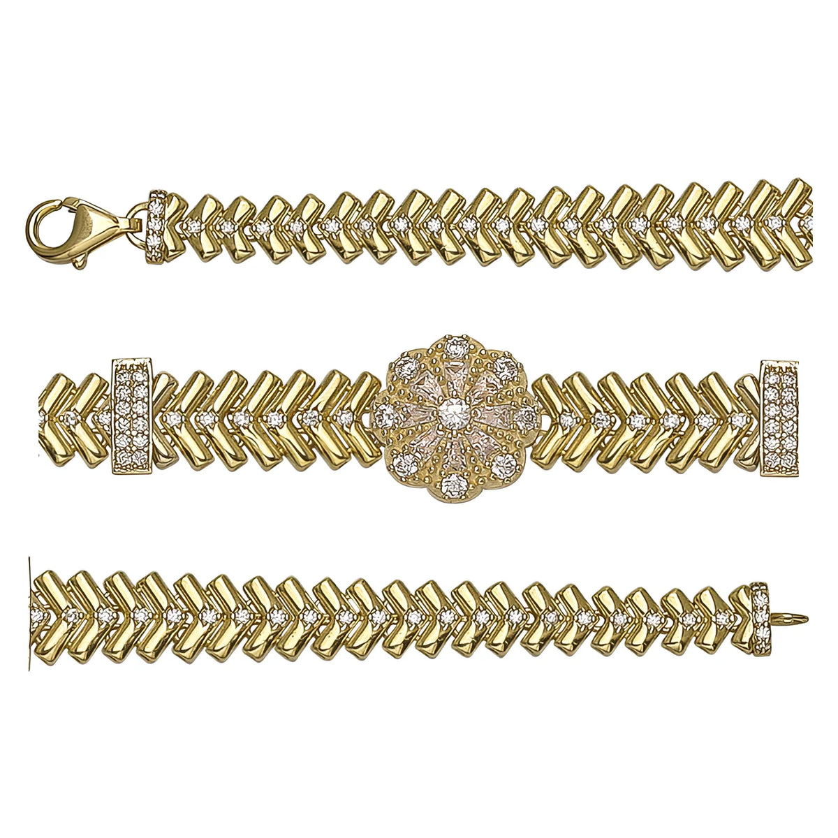 Solid gold herringbone bracelet, 14.37 g — shown in three rows across the frame.