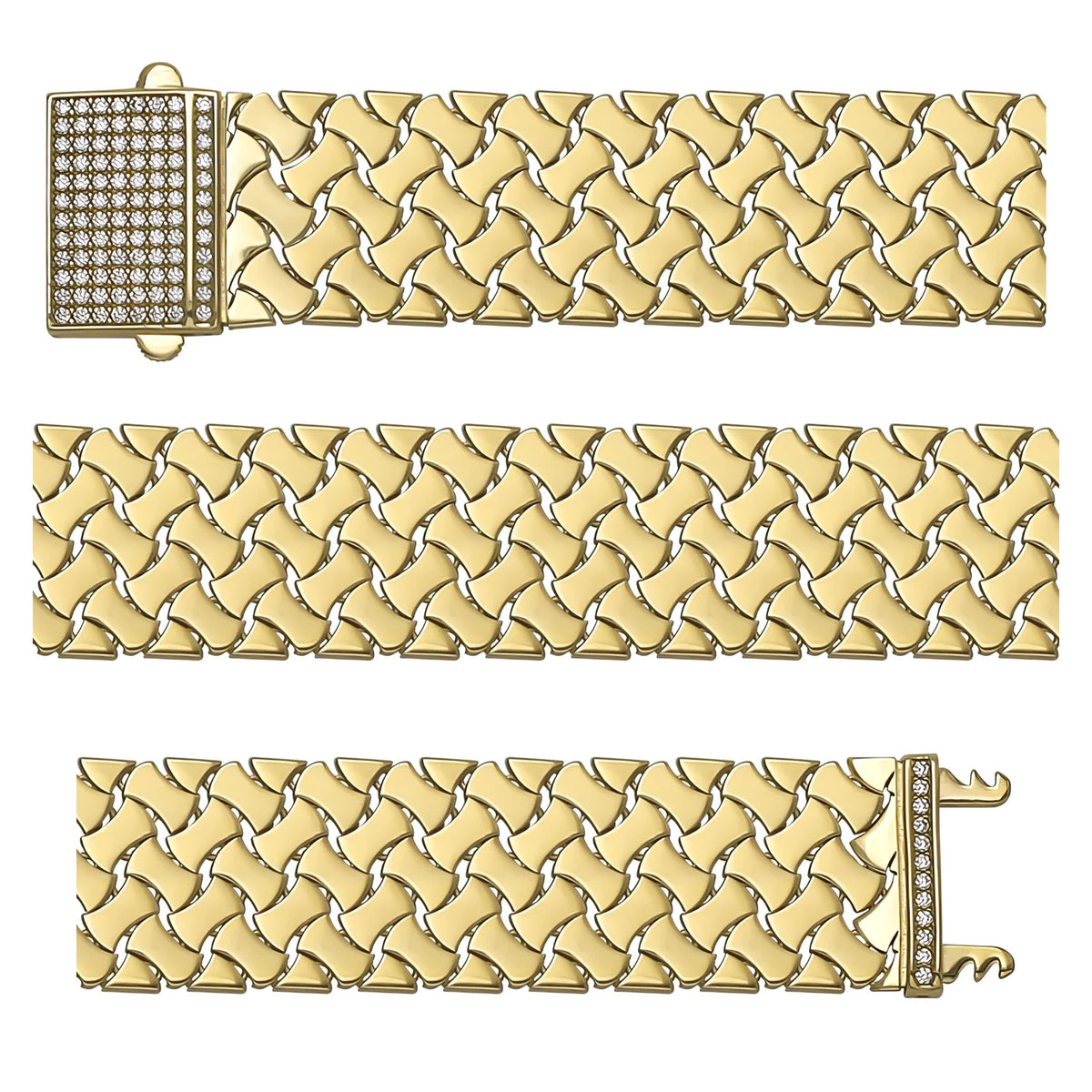 Solid gold braided bracelet, 21.63 g — shown in three rows across the frame.