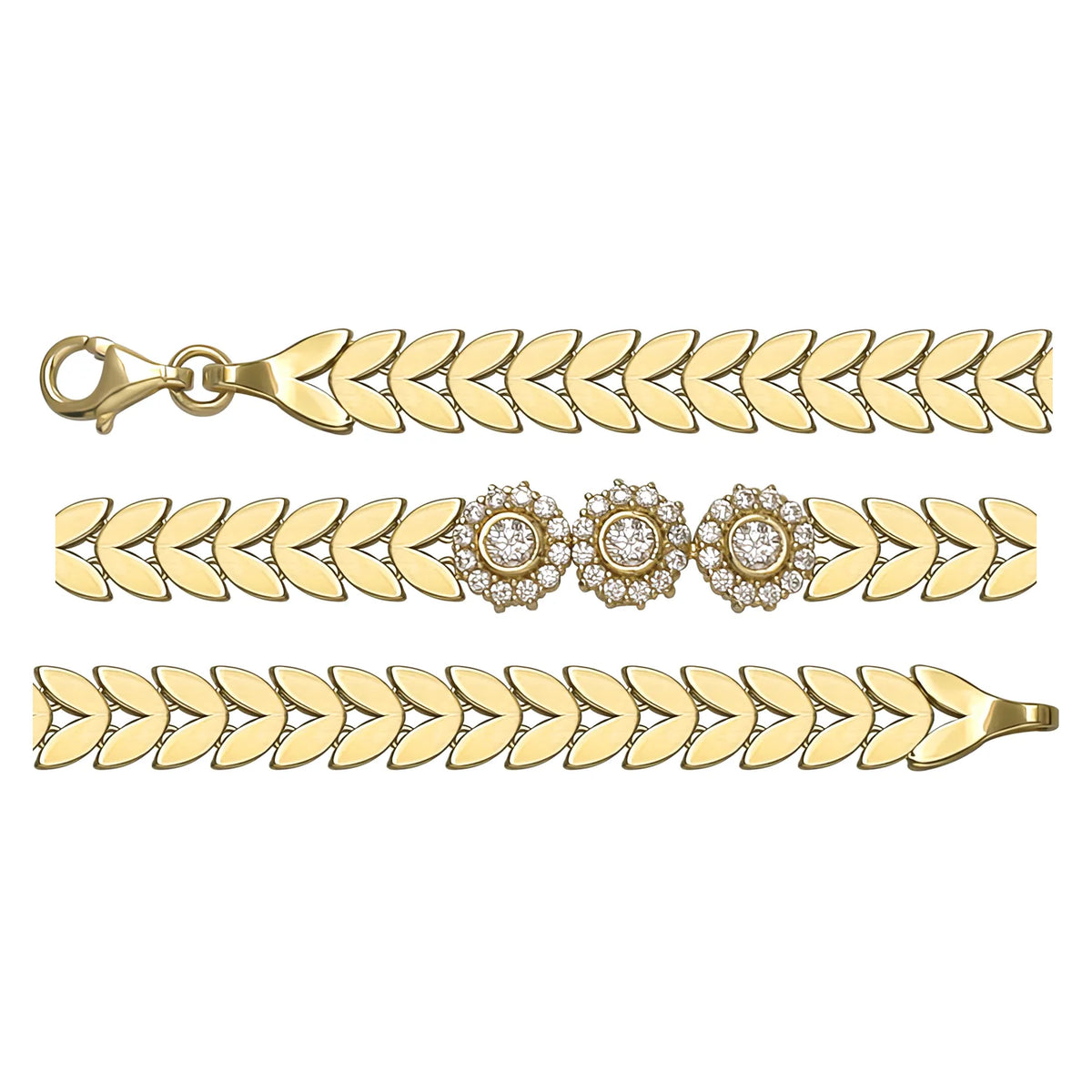 Solid gold herringbone bracelet, 9.56 g — shown in three rows across the frame.