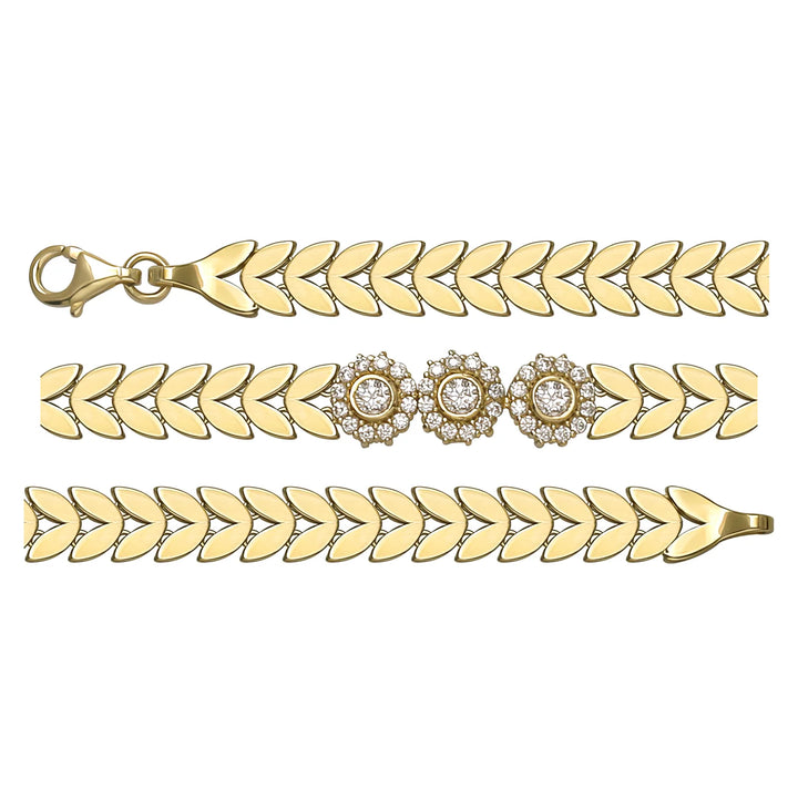 Solid gold herringbone bracelet, 9.56 g — shown in three rows across the frame.