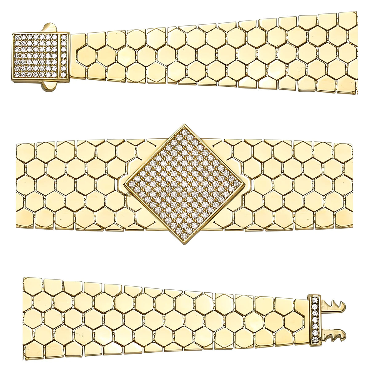 Solid gold honeycomb bracelet, 24.47 g — shown in three rows across the frame.