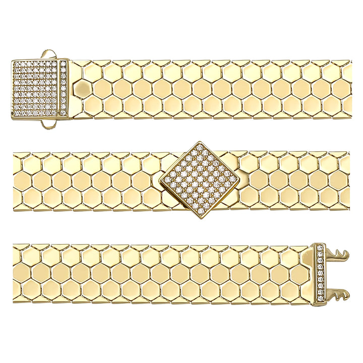 Solid gold honeycomb bracelet, 18.81 g — shown in three rows across the frame.