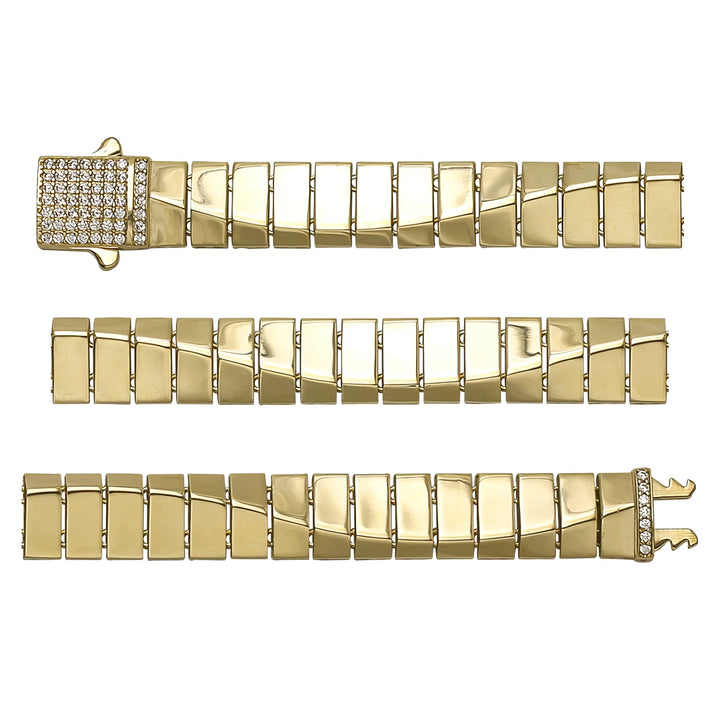Solid gold id bracelet, 14.50 g — shown in three rows across the frame.