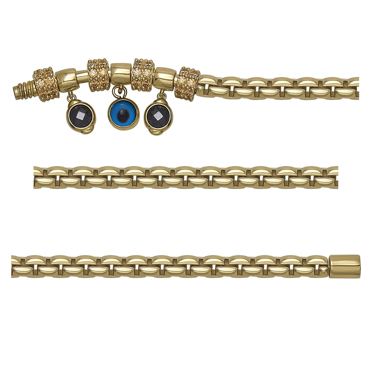 Solid gold fancy link bracelet, 13.36 g — shown in three rows across the frame.