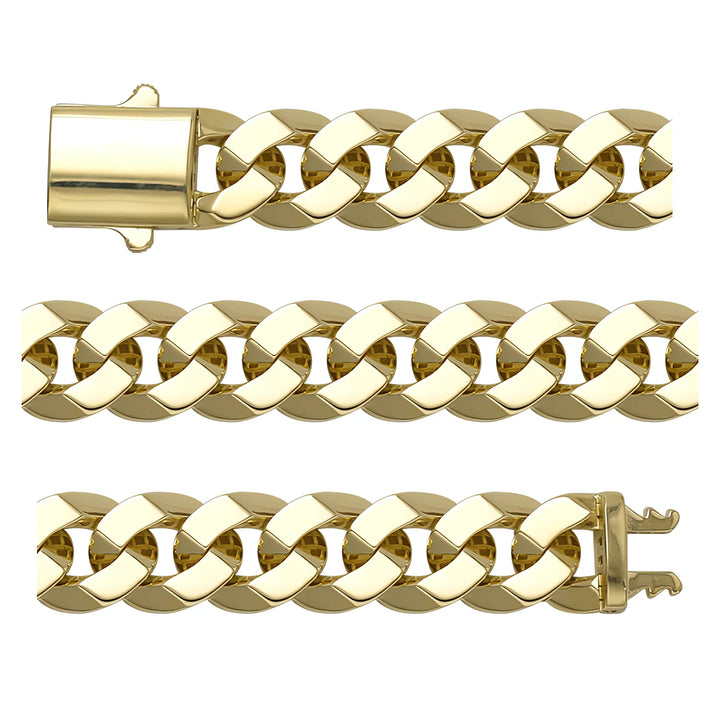 Solid gold curb bracelet, 23.00 g — shown in three rows across the frame.