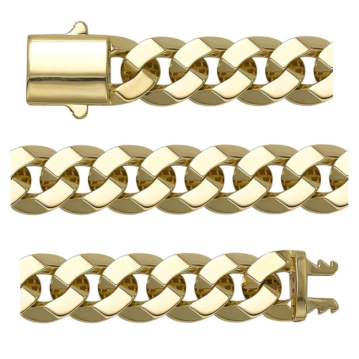 Solid gold curb bracelet, 27.60 g — shown in three rows across the frame.