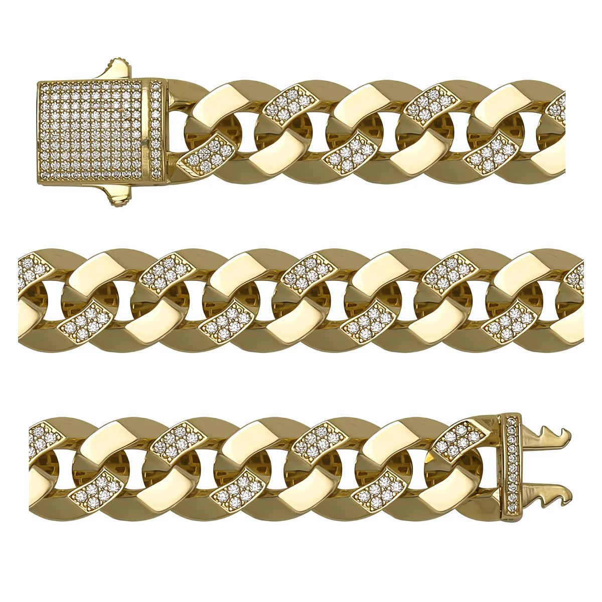 Solid gold curb bracelet, 25.80 g — shown in three rows across the frame.