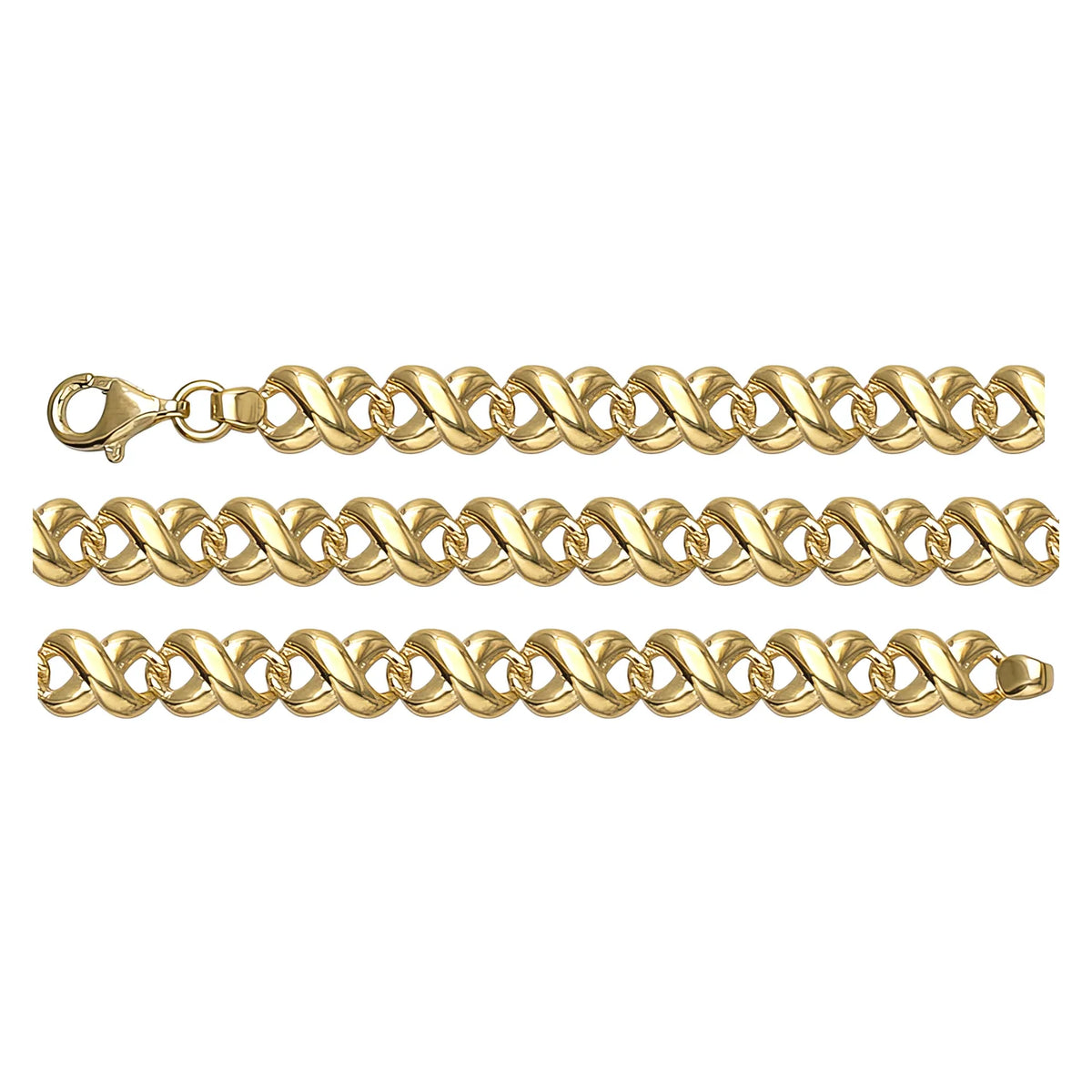 Solid gold curb bracelet, 6.60 g — shown in three rows across the frame.