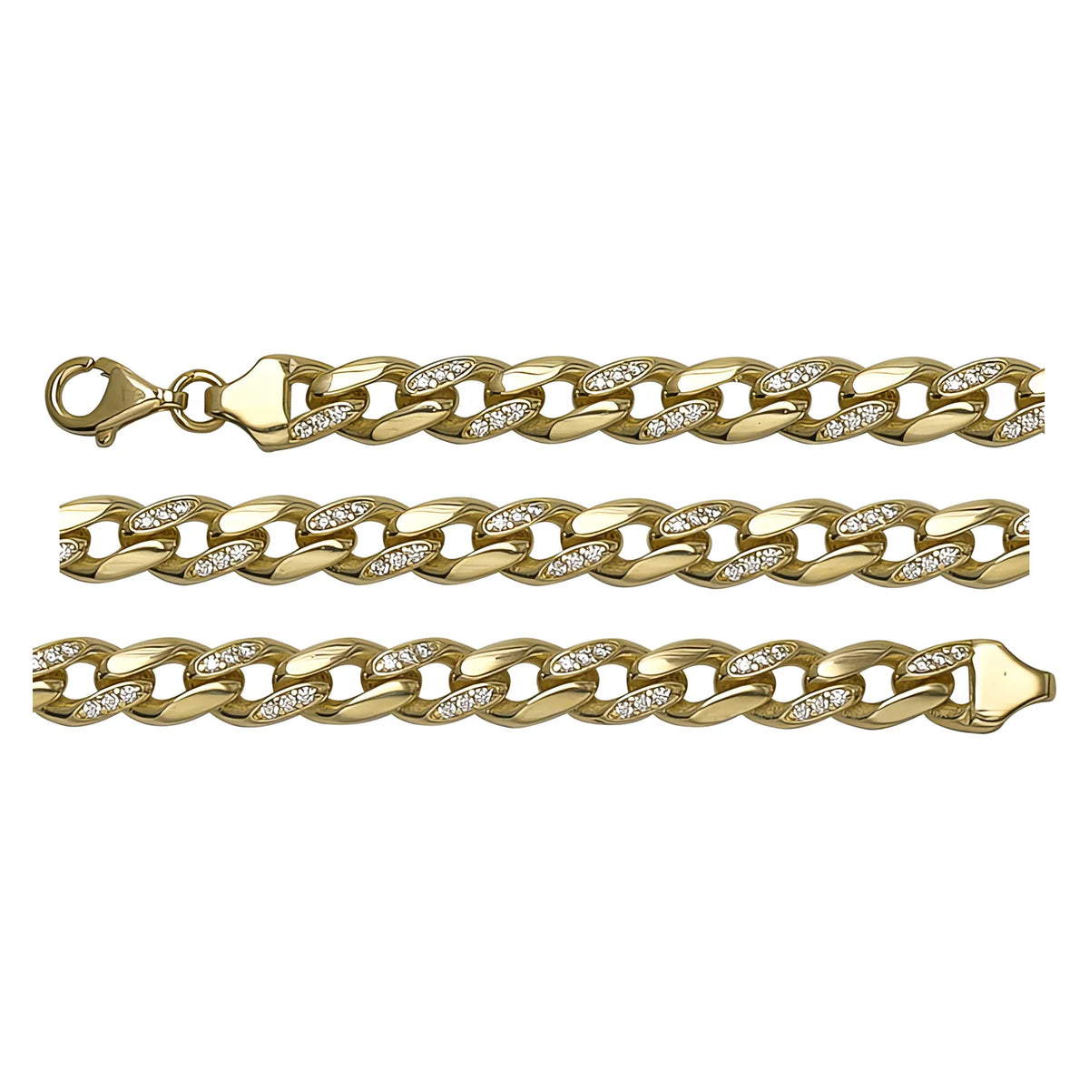 Solid gold curb bracelet, 8.34 g — shown in three rows across the frame.