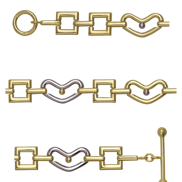 Solid gold fancy link bracelet, 10.75 g — shown in three rows across the frame.