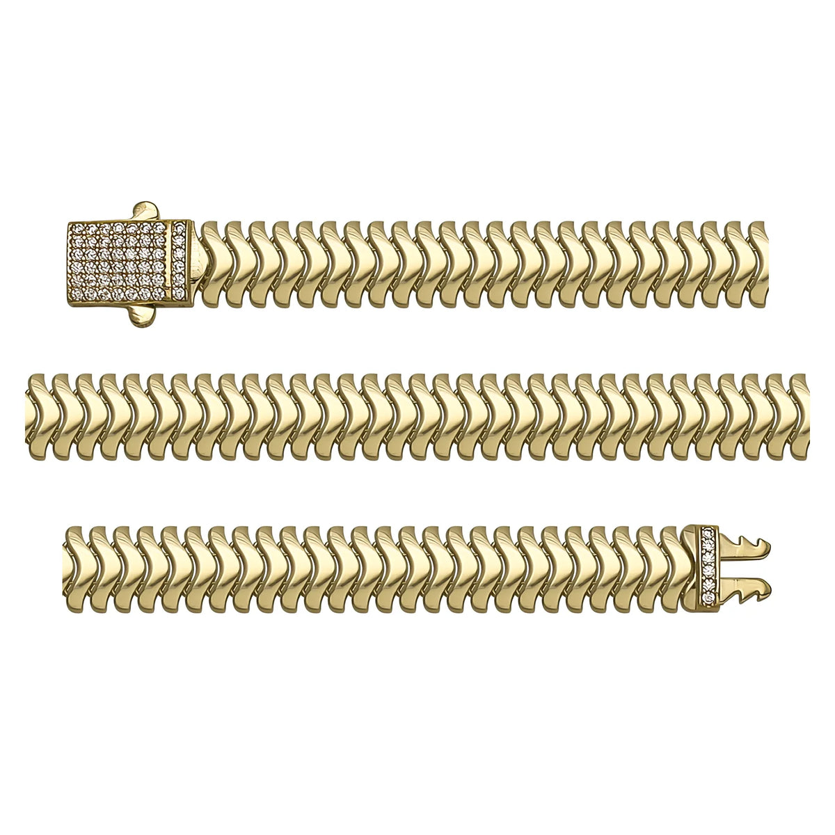 Solid gold herringbone bracelet, 12.80 g — shown in three rows across the frame.