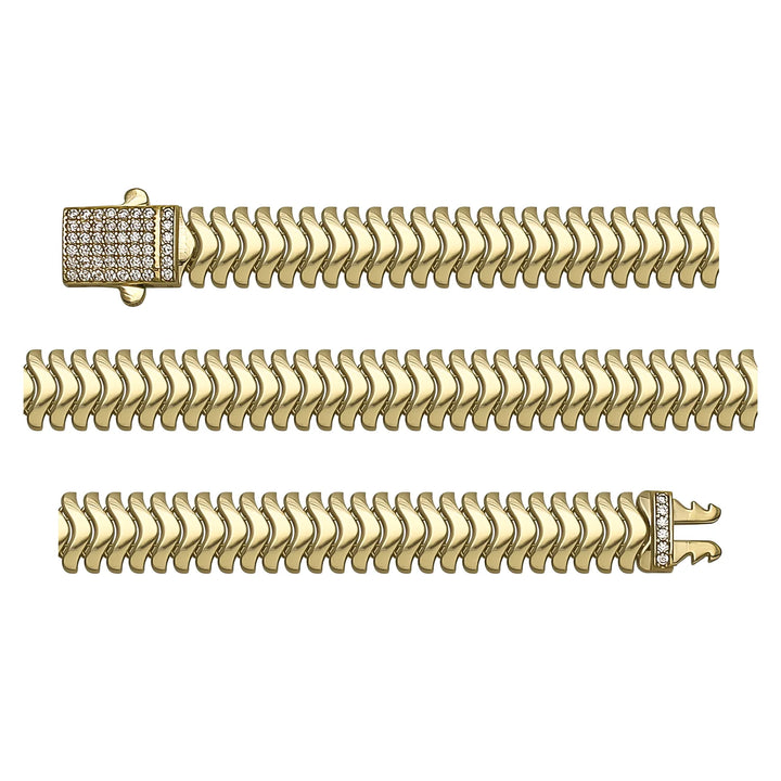 Solid gold herringbone bracelet, 12.80 g — shown in three rows across the frame.
