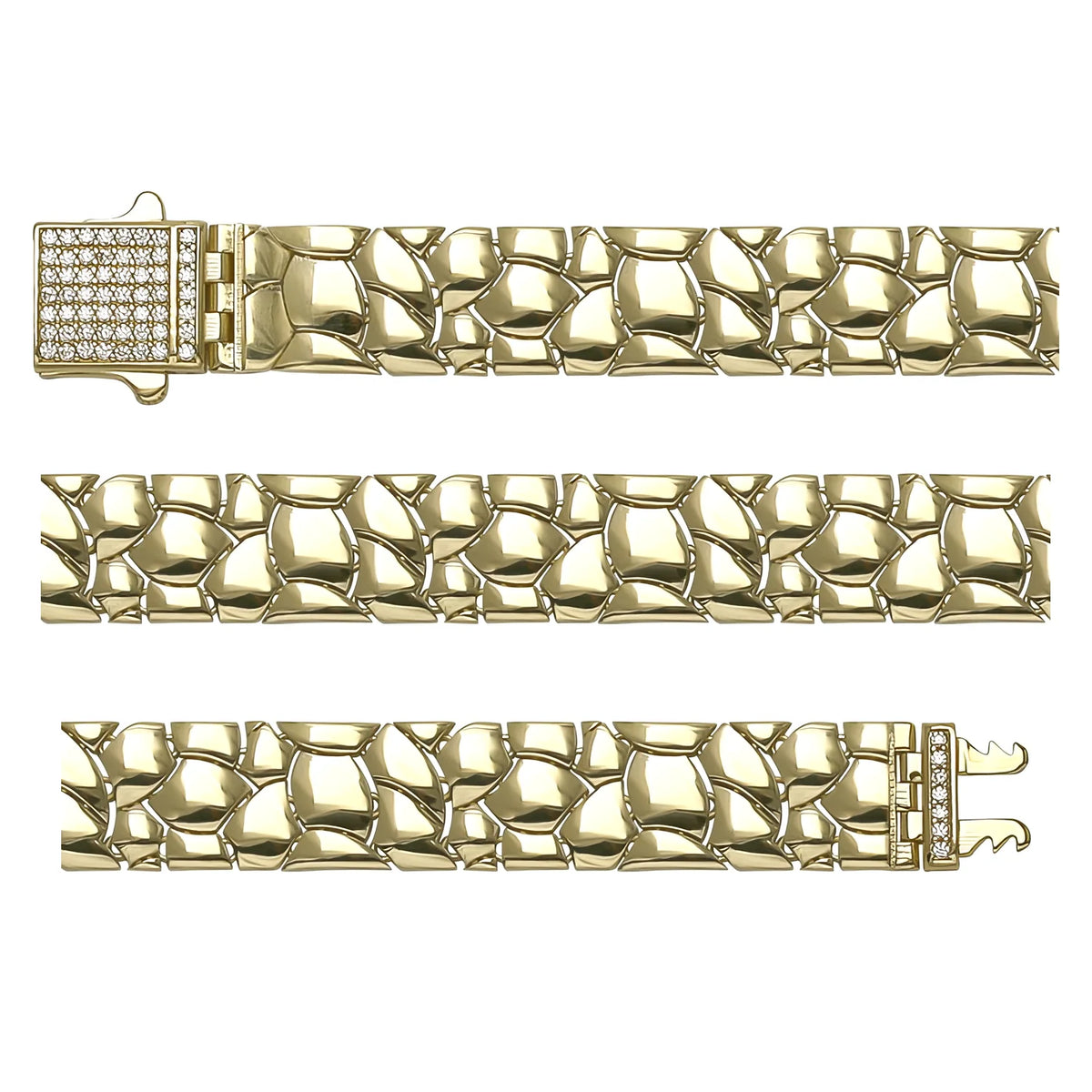 Solid gold fancy link bracelet, 19.19 g — shown in three rows across the frame.