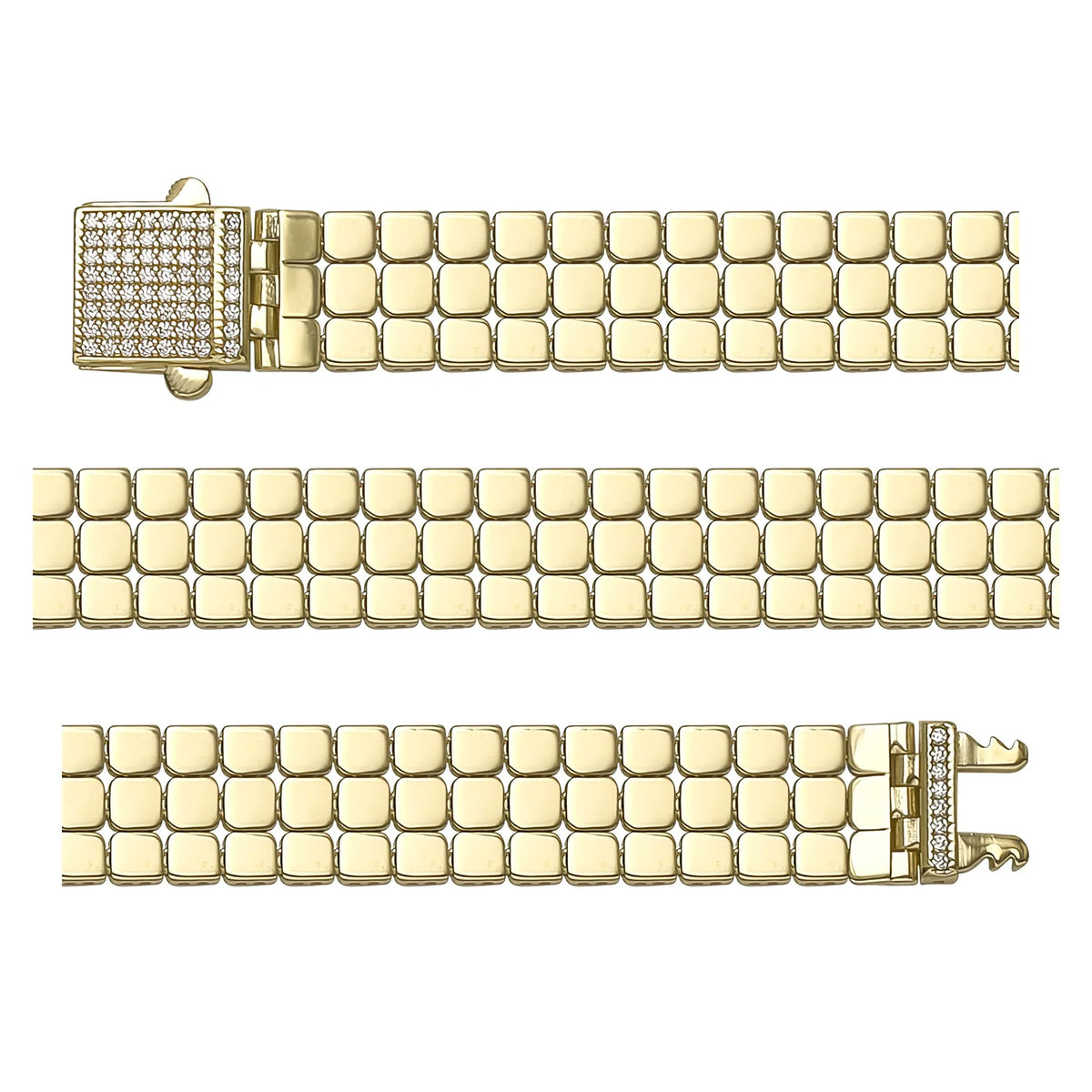 Solid gold brick link bracelet, 16.61 g — shown in three rows across the frame.