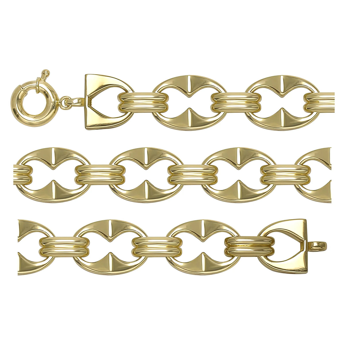 Solid gold mariner bracelet, 12.04 g — shown in three rows across the frame.